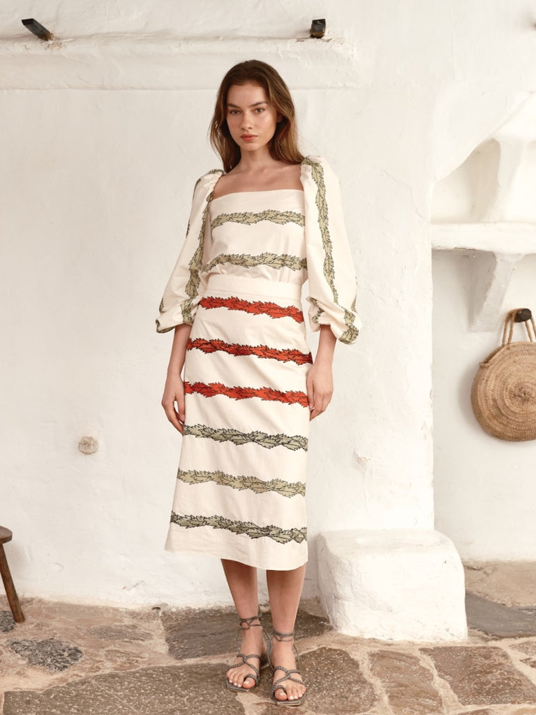 Juan de Dios | El Carmen Embroidered Cotton Midi Skirt | Ivory Striped Helechos