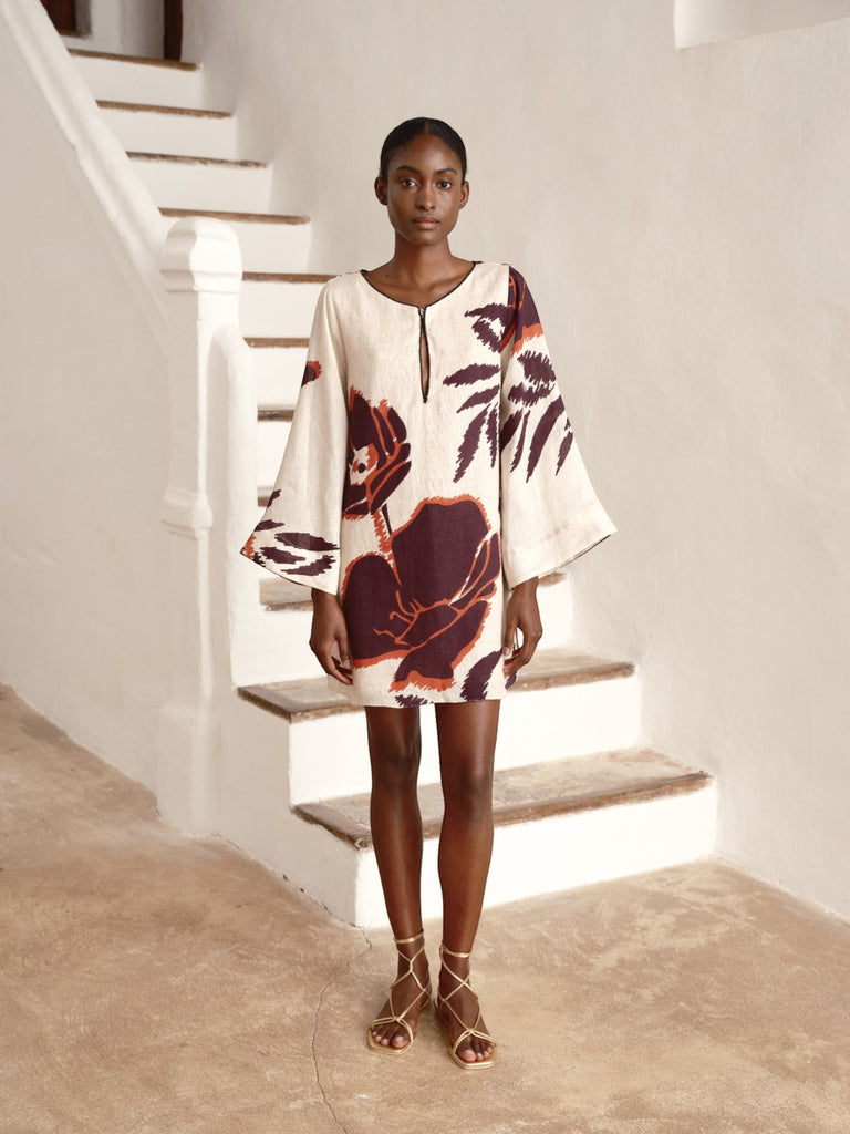 Juan de Dios | Nazare Linen Mini Tunic Dress | Ecru/Purple Gladiolos