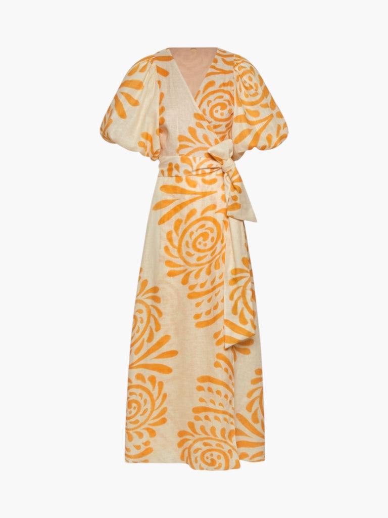 Juan de Dios | Ermita Linen Midi Dress | Ecru Yellow Arabesque | Fashionkind Juan de Dios | Ermita Linen Midi Dress | Ecru Yellow Arabesque | Fashionkind