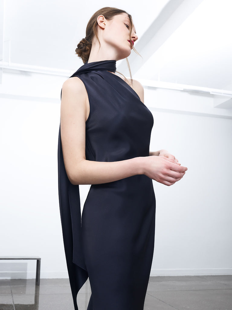 knee length dresses for ladies Mi Jong Lee | One Shoulder Bias Dress With Scarf | Black