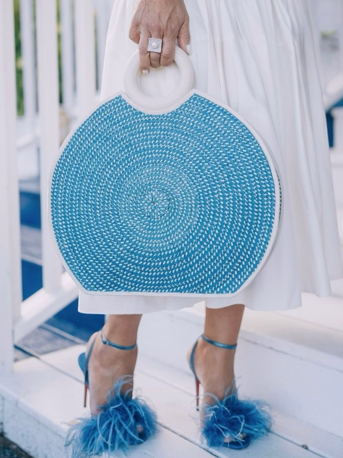 Zenu Large Handbag in Leather and Cana Flecha | Blue Zenu Large Handbag in Leather and Cana Flecha | Blue