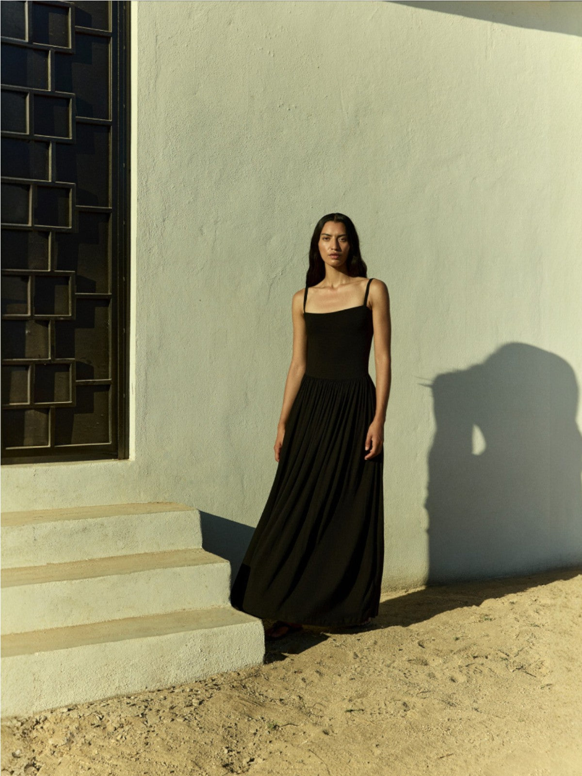 Square Neck Gathered A-Line Maxi Dress | Black Square Neck Gathered A-Line Maxi Dress | Black