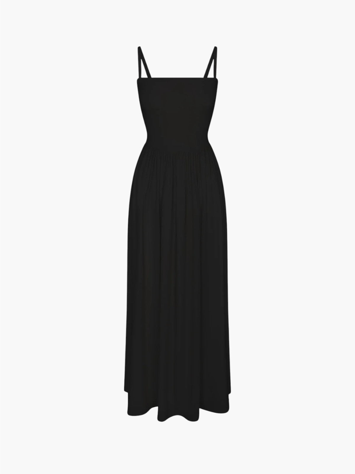 Square Neck Gathered A-Line Maxi Dress | Black Square Neck Gathered A-Line Maxi Dress | Black