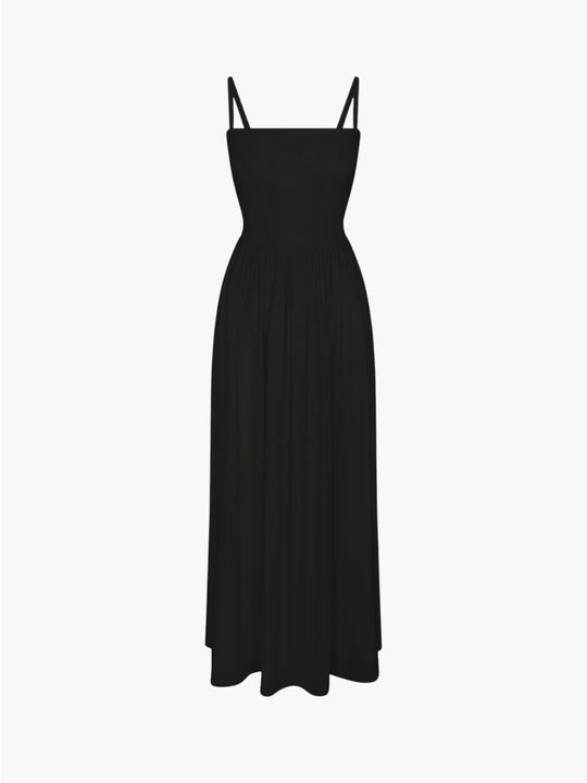 Square Neck Gathered A-Line Maxi Dress | Black