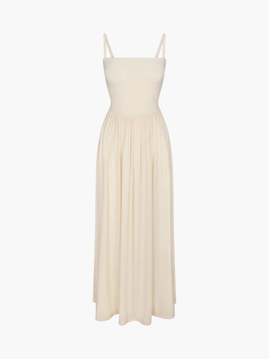 Square Neck Gathered A-Line Maxi Dress | Oyster