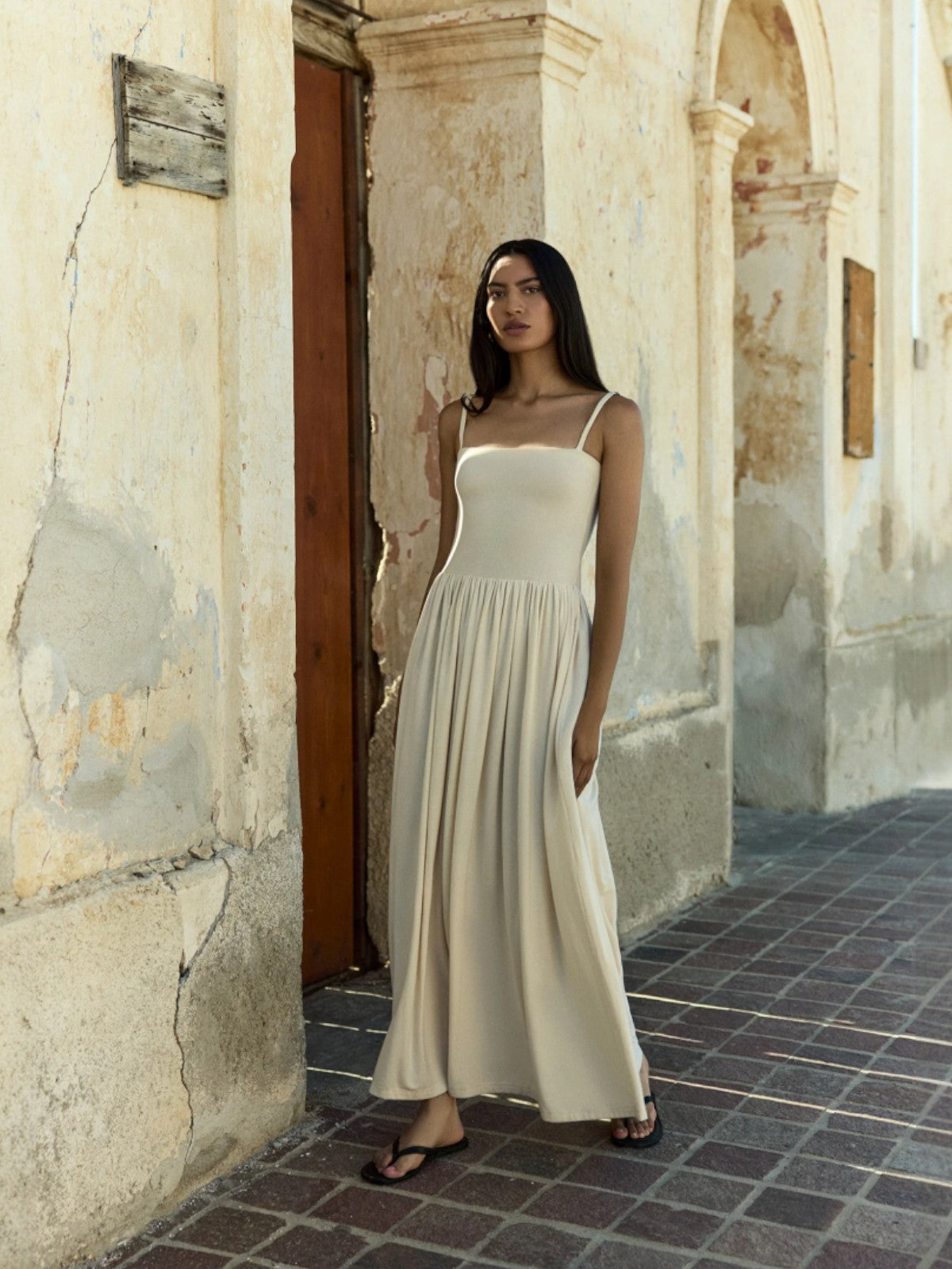 Square Neck Gathered A-Line Maxi Dress | Oyster Square Neck Gathered A-Line Maxi Dress | Oyster