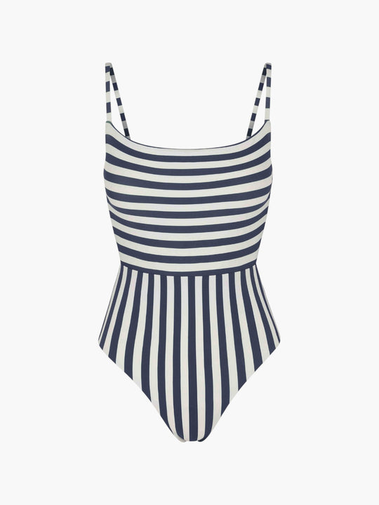 Square Neck Open Back One-Piece | Marine & White Mixed Striped