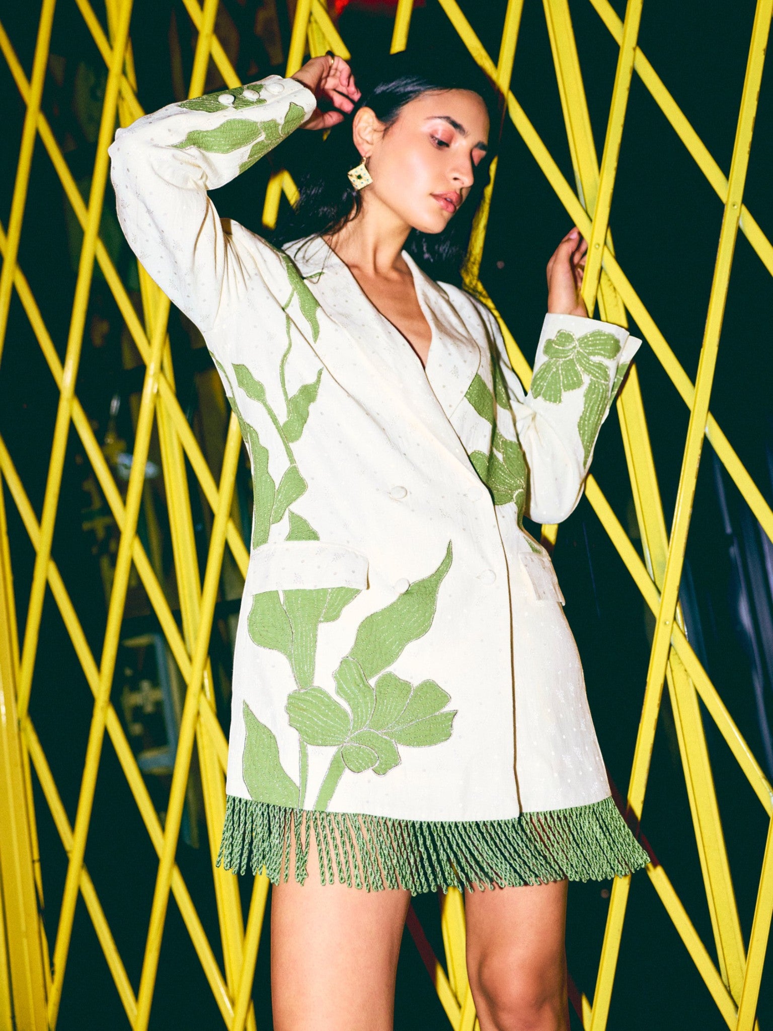 Alex Blazer Dress | Ivory with Green Applique