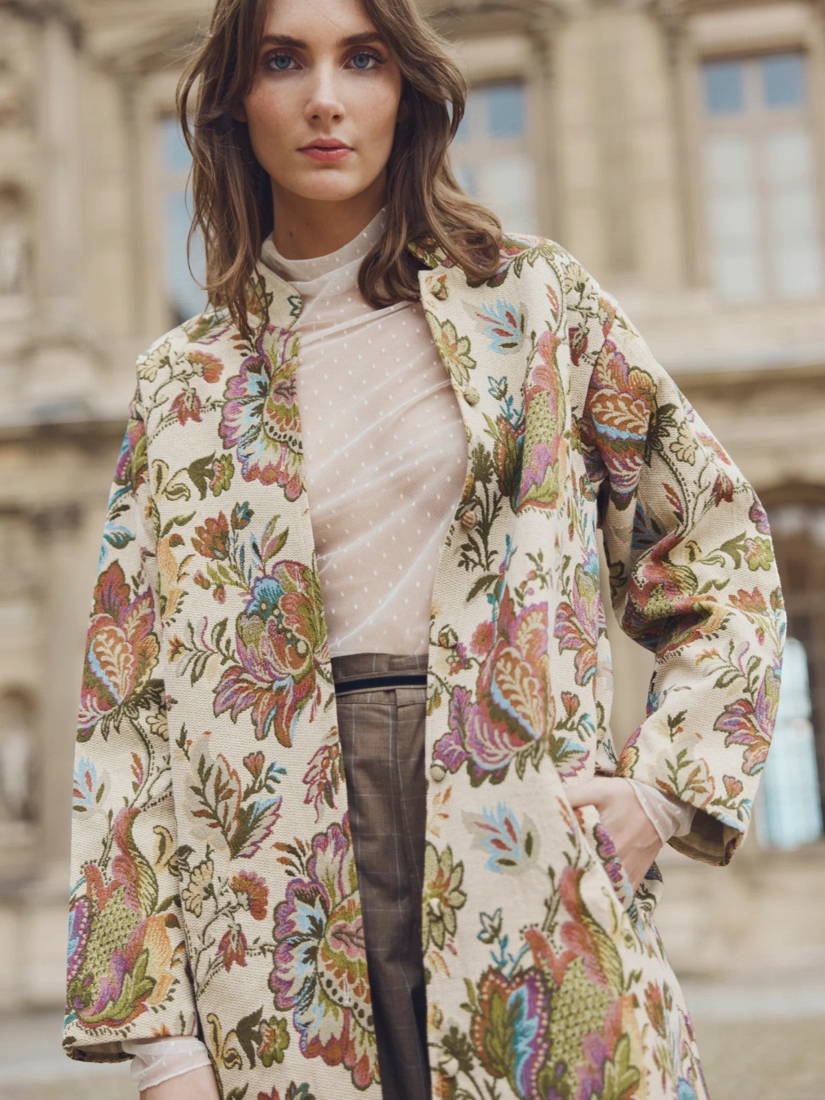 Janean Midi Jacket | Rainbow Floral Jacquard | Fashionkind