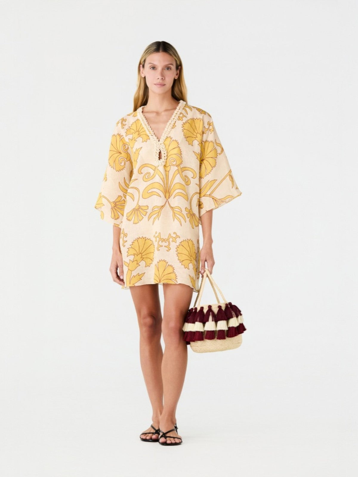 Andina Hand-Embroidered Linen Mini Tunic | Yellow Flowers Andina Hand-Embroidered Linen Mini Tunic | Yellow Flowers - Fashionkind