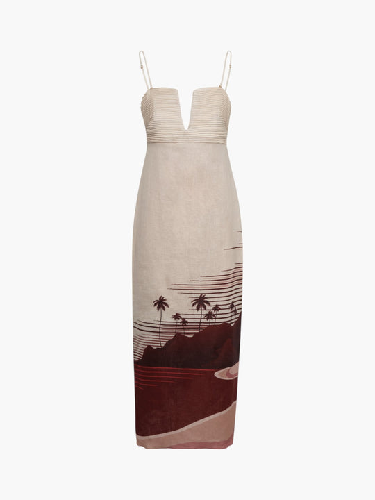Antigüa Linen Midi Dress | Red Tropical Landscape