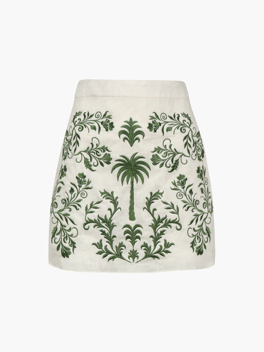Carmelita Embroidered Linen Mini Skirt | Ivory Green Buganvilias