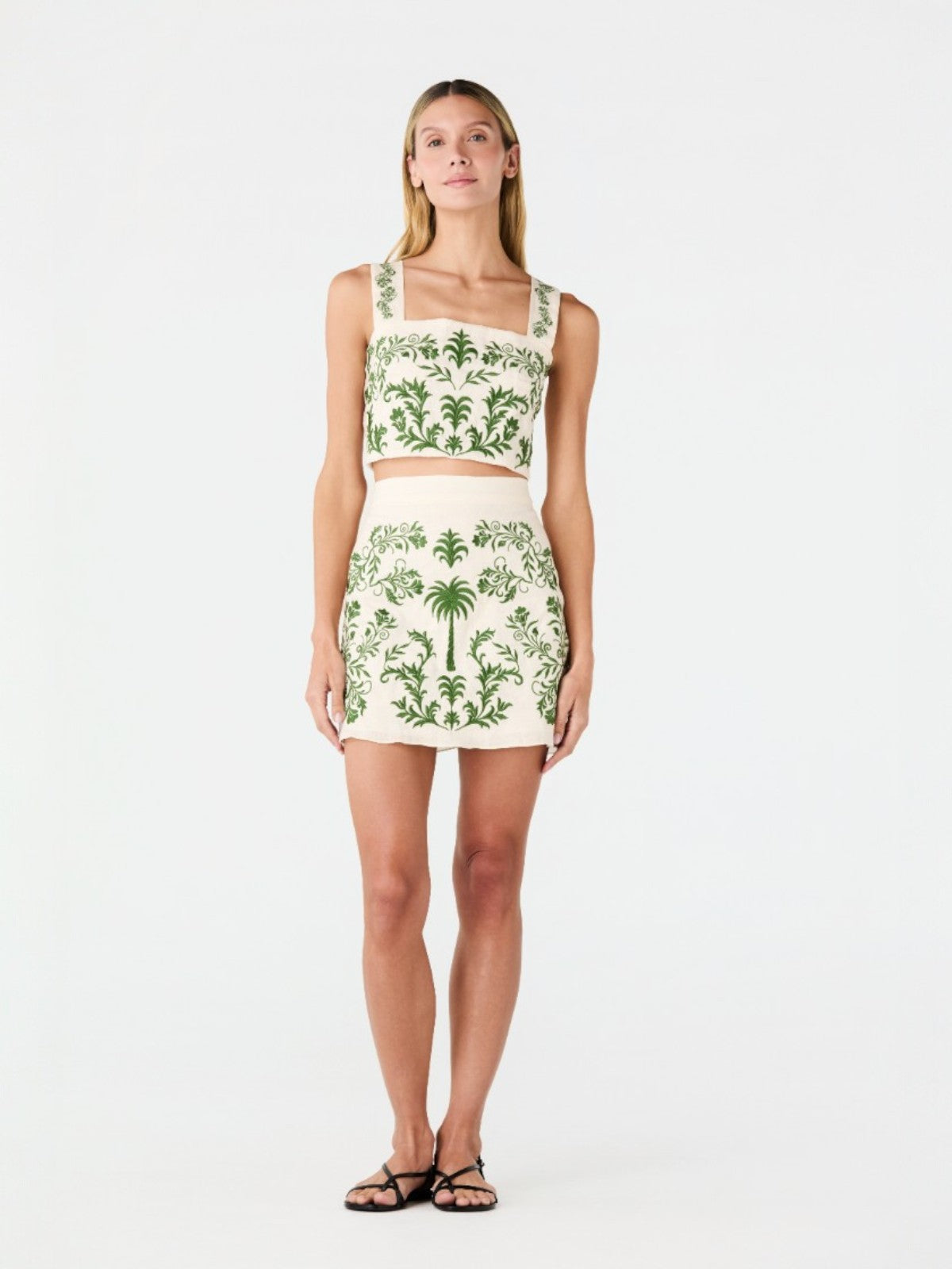 Carmelita Embroidered Linen Mini Skirt | Ivory Green Buganvilias Carmelita Embroidered Linen Mini Skirt | Ivory Green Buganvilias - Fashionkind