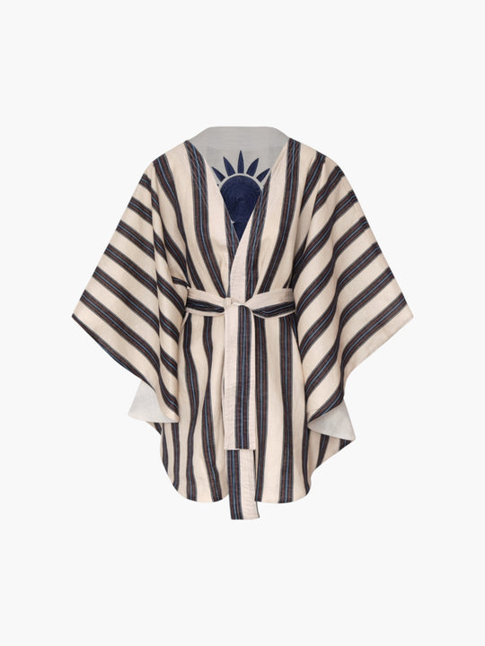 Cavalo Embroidered Linen Poncho | Ivory and Navy