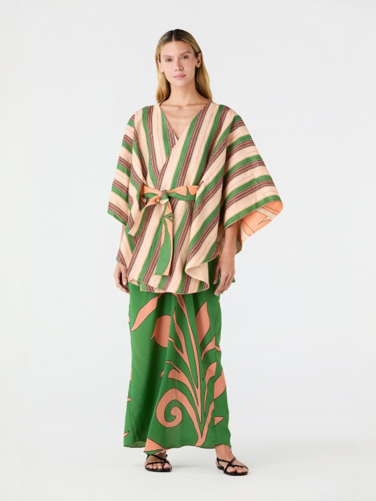 Cavalo Linen Poncho | Peach Palms/Green Artisanal Stripes Cavalo Linen Poncho | Peach Palms/Green Artisanal Stripes - Fashionkind