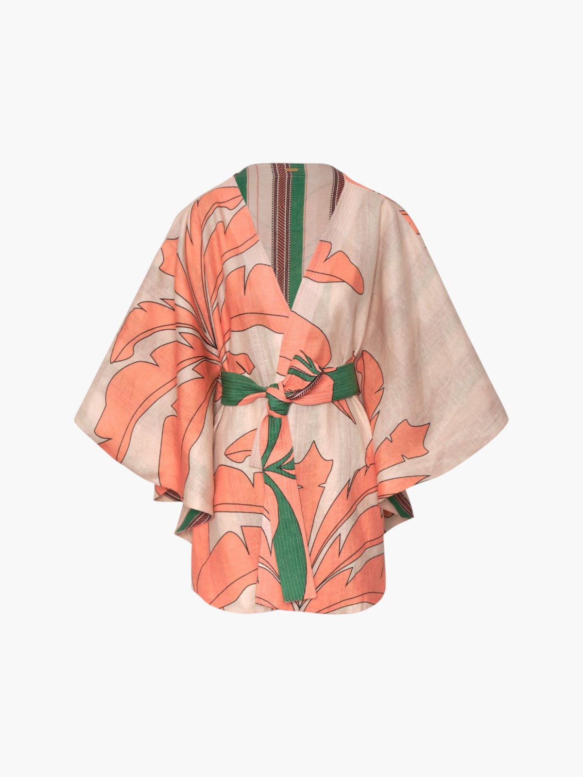 Cavalo Linen Poncho | Peach Palms/Green Artisanal Stripes Cavalo Linen Poncho | Peach Palms/Green Artisanal Stripes - Fashionkind
