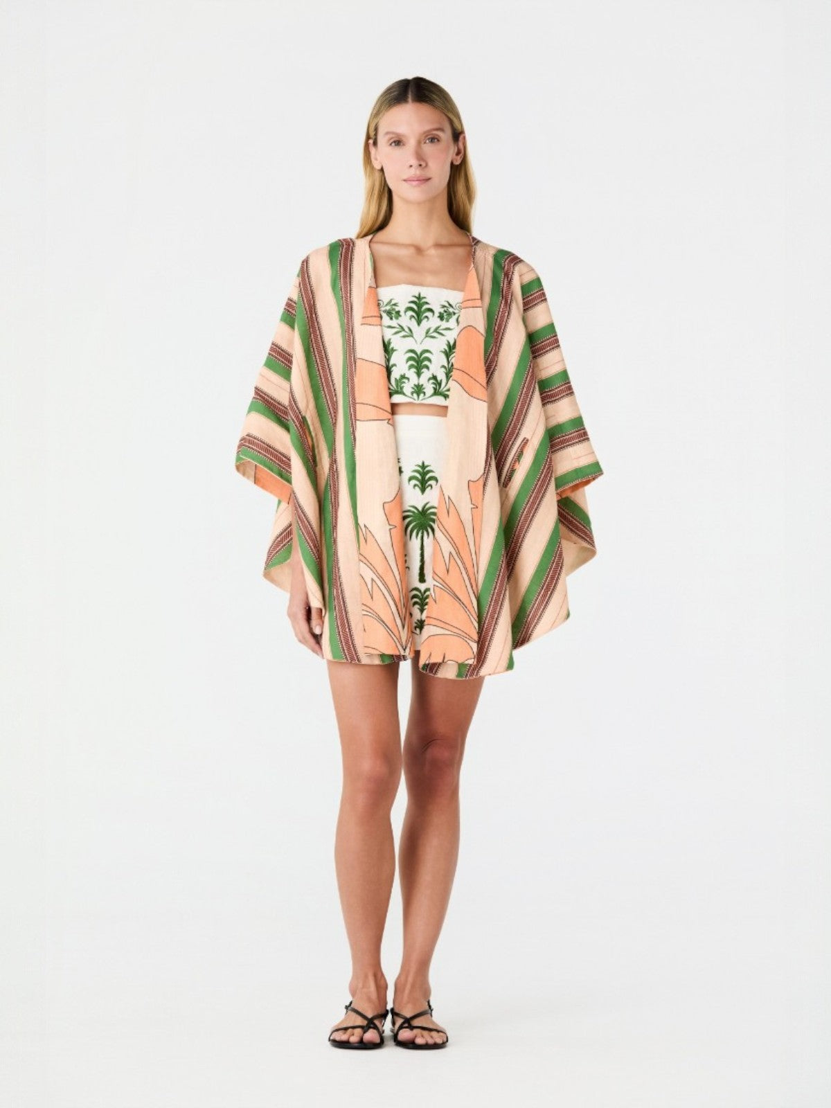 Cavalo Linen Poncho | Peach Palms/Green Artisanal Stripes Cavalo Linen Poncho | Peach Palms/Green Artisanal Stripes - Fashionkind
