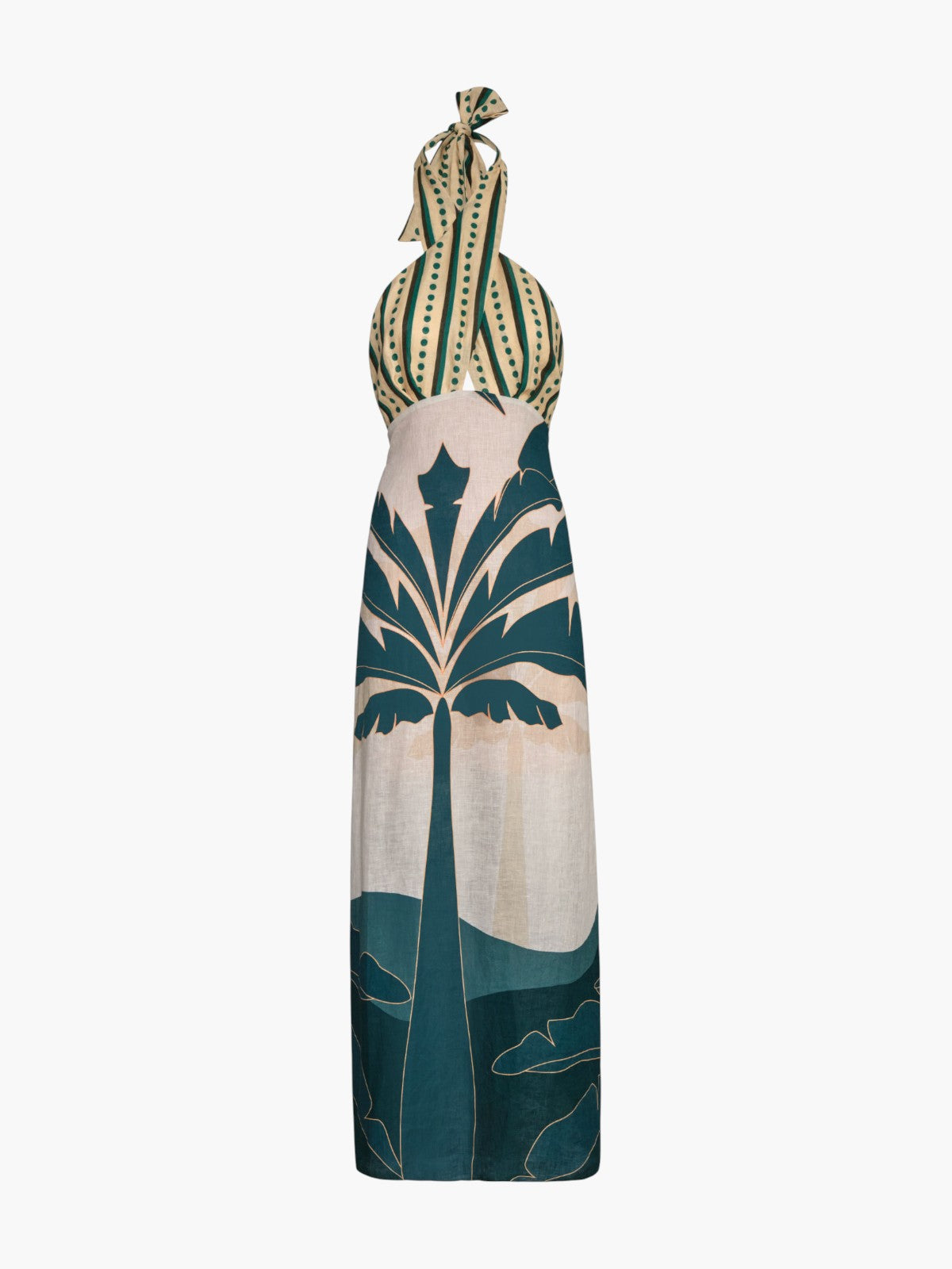 Costa del Sol Linen Midi Dress | Aquamarine Palms/Green Stripes Costa del Sol Linen Midi Dress | Aquamarine Palms/Green Stripes