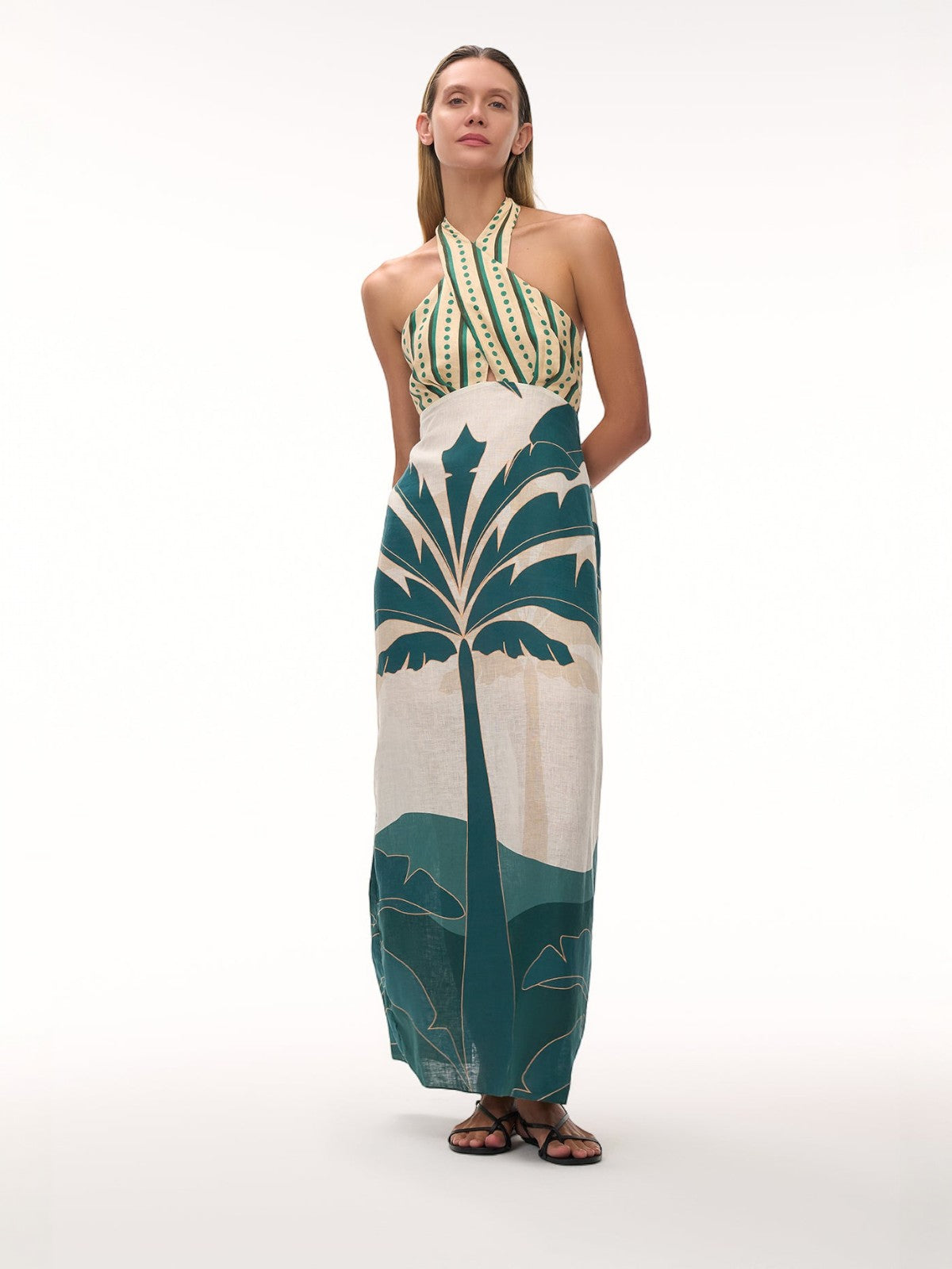 Costa del Sol Linen Midi Dress | Aquamarine Palms/Green Stripes Costa del Sol Linen Midi Dress | Aquamarine Palms/Green Stripes