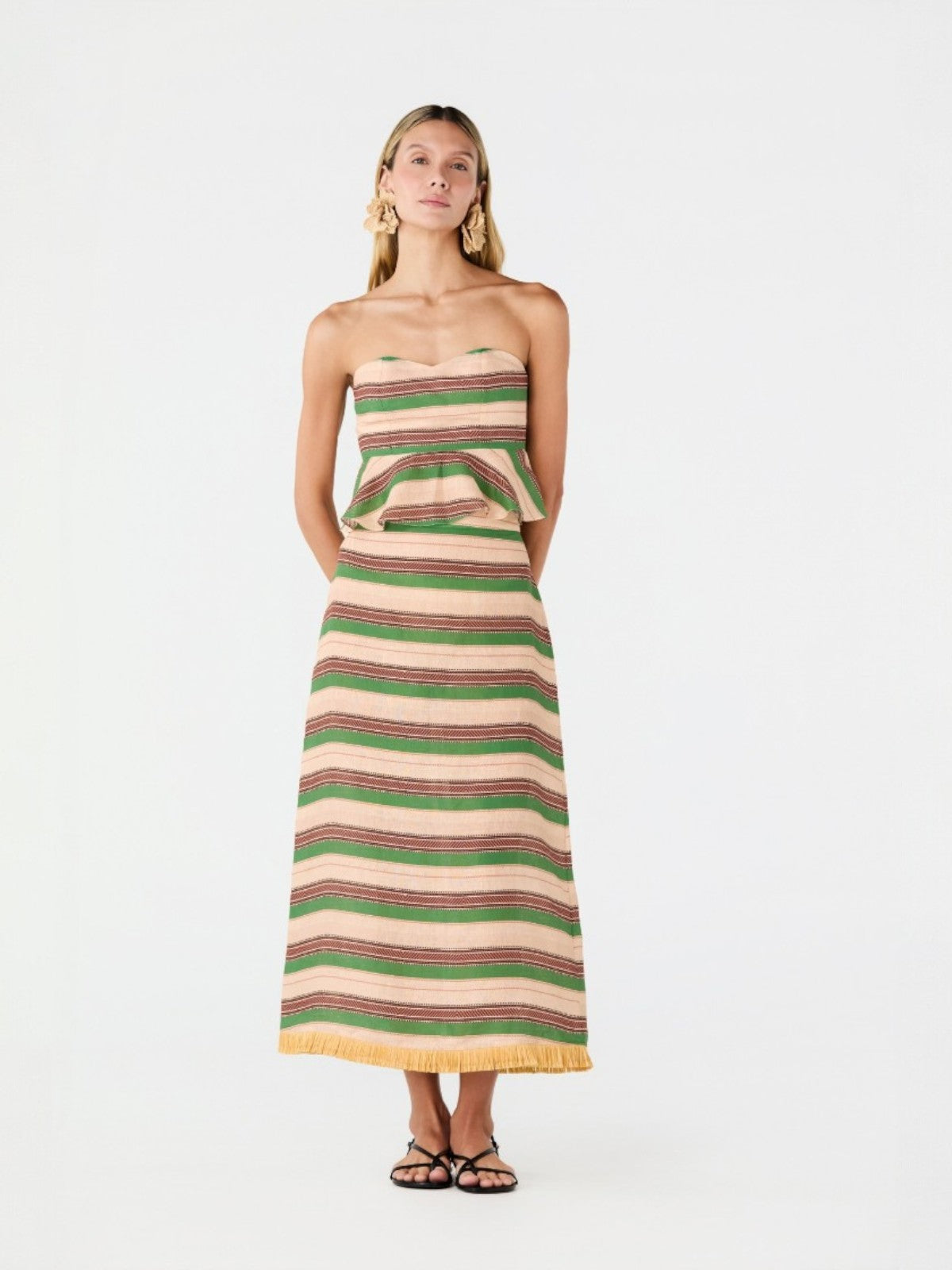 El Carmelo Linen Midi Skirt | Green Artisanal Stripes El Carmelo Linen Midi Skirt | Green Artisanal Stripes - Fashionkind