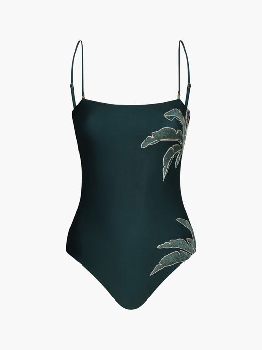 Esteros Hand Embroidered One Piece | Aquamarine Palms/Metallic Mint