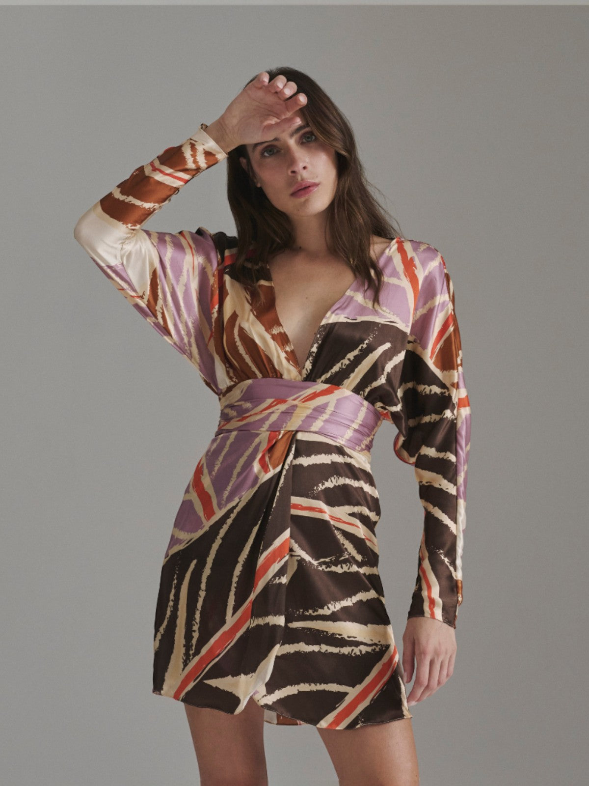 Grecia Satin Silk Mini Dress | Lilac Platanera Leaves Grecia Satin Silk Mini Dress | Lilac Platanera Leaves - Fashionkind