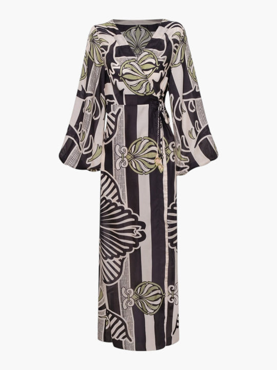 Hojarasca Cotton Silk Maxi Dress | Navy Ornament Stripes