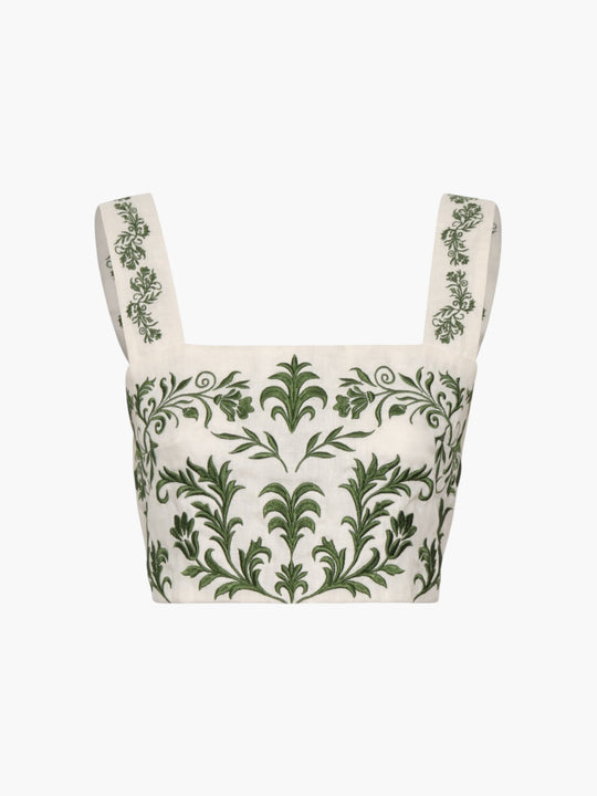 Marimba Embroidered Linen Top | Ivory Green Buganvilias