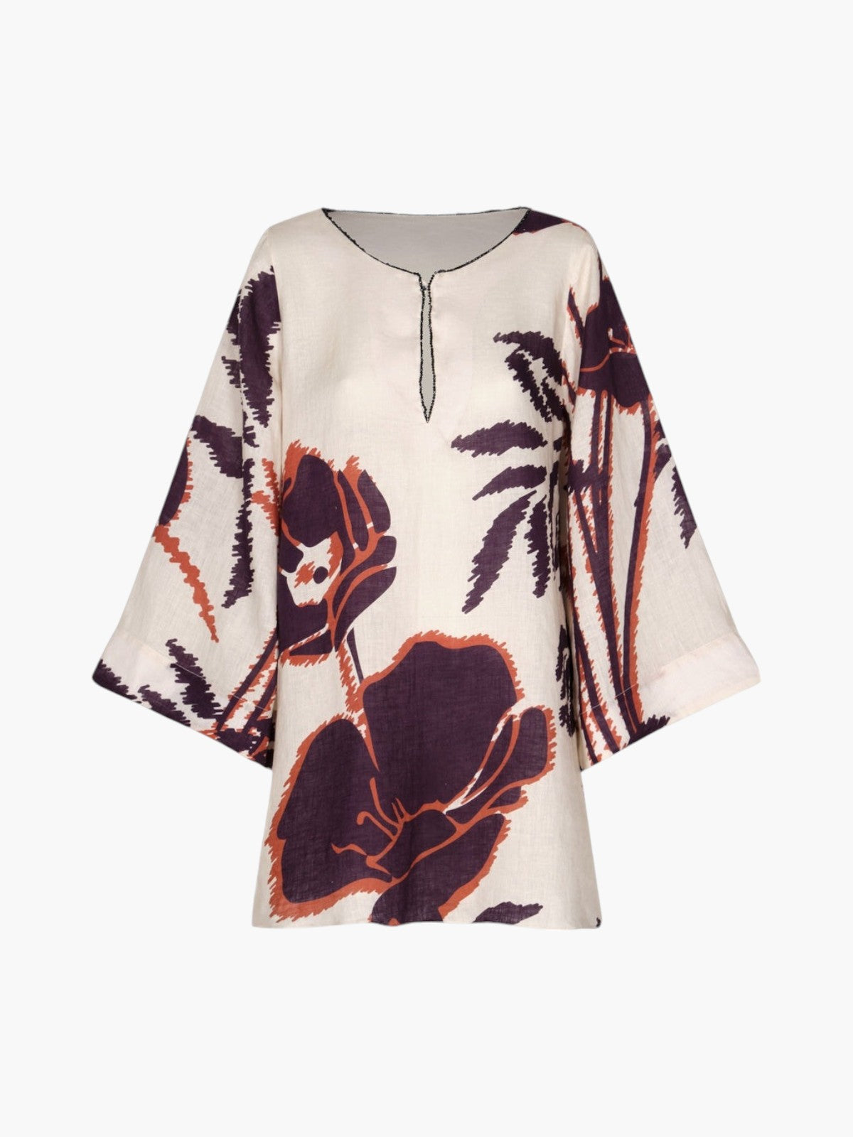 Nazare Linen Mini Tunic Dress | Ecru/Purple Gladiolos Nazare Linen Mini Tunic Dress | Ecru/Purple Gladiolos - Fashionkind