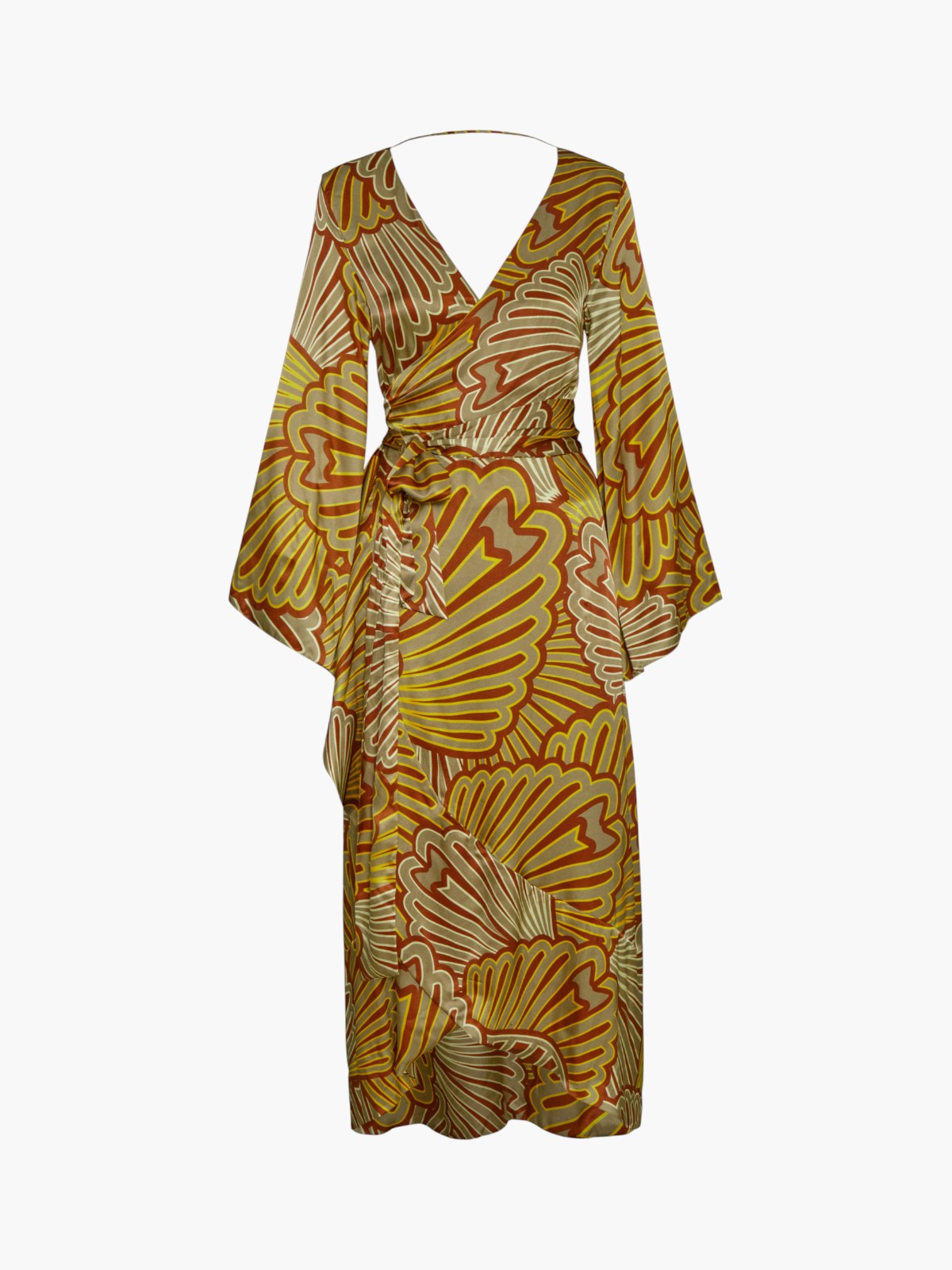Juan De Dios | Pacfico Satin Silk Midi Dress | Yellow Intricate Shells | Fashionkind Juan De Dios | Pacfico Satin Silk Midi Dress | Yellow Intricate Shells | Fashionkind