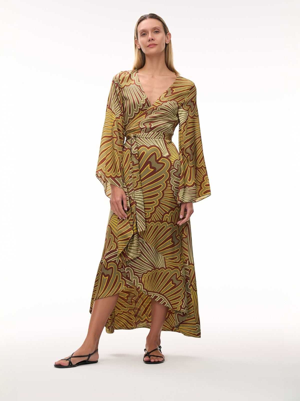 Juan de Dios | Pacfico Satin Silk Midi Dress | Yellow Intricate Shells | Fashionkind 0 Juan de Dios | Pacfico Satin Silk Midi Dress | Yellow Intricate Shells | Fashionkind 0