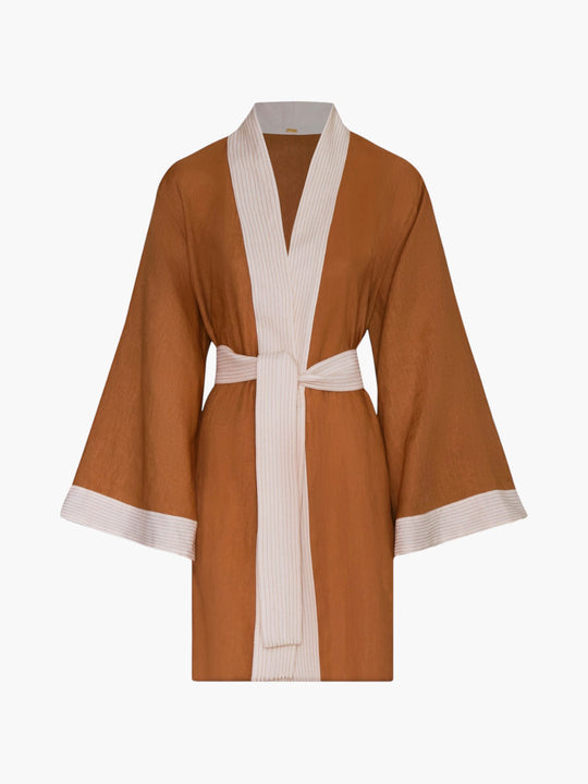 Rafaela Mini Linen Kaftan | Brown & Ivory