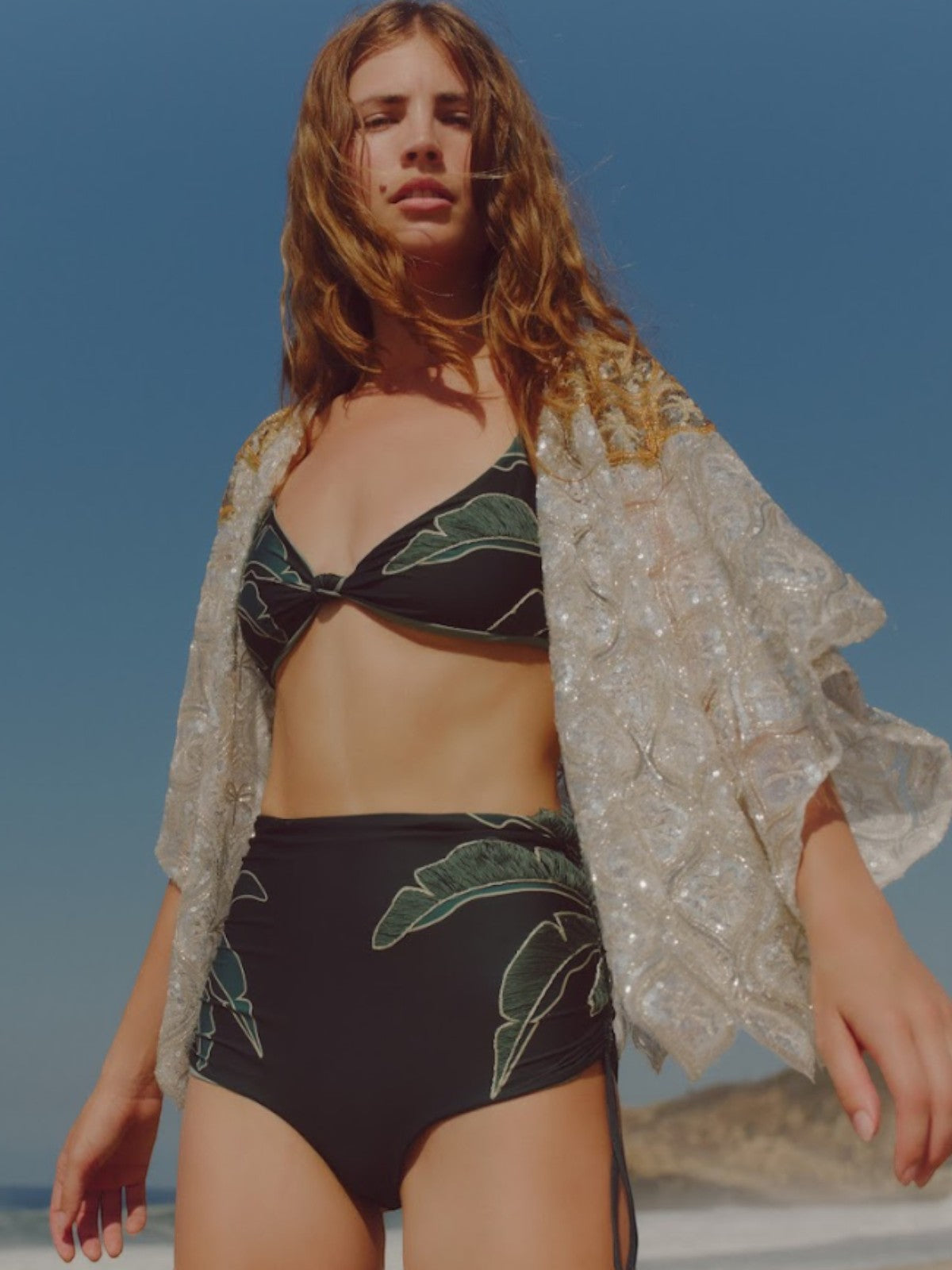 Victoria Hand Embroidered Bottom | Aquamarine Palms/Metallic Mint