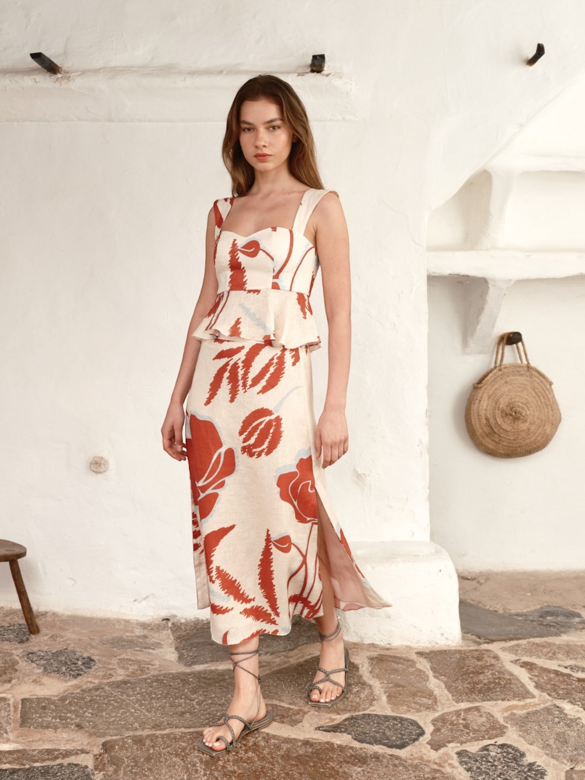 Beatrice Linen Midi Skirt | Ecru/Orange Gladiolos Beatrice Linen Midi Skirt | Ecru/Orange Gladiolos - Fashionkind