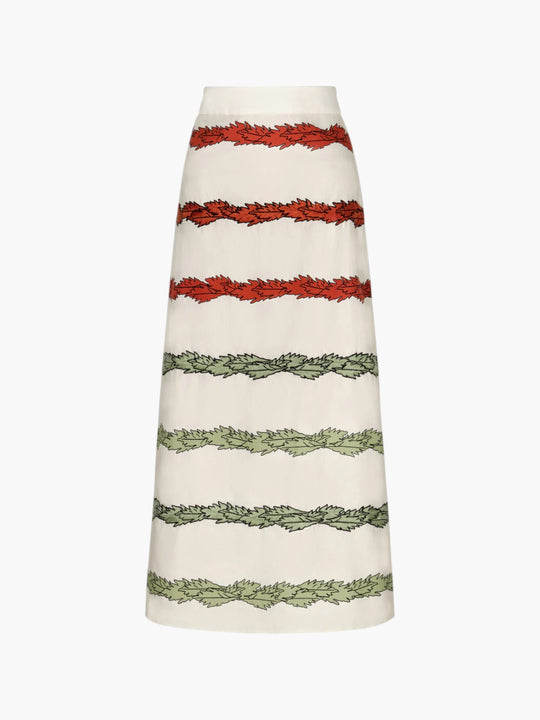 El Carmen Embroidered Cotton Midi Skirt | Ivory Striped Helechos