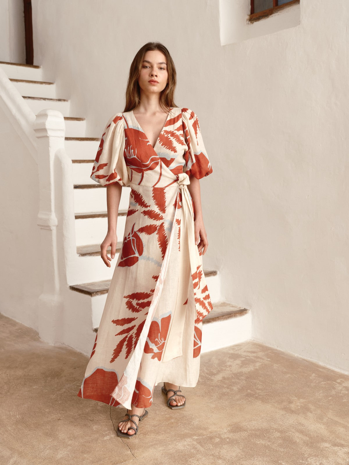 Ermita Linen Midi Dress | Ecru/Orange Gladiolos Ermita Linen Midi Dress | Ecru/Orange Gladiolos - Fashionkind