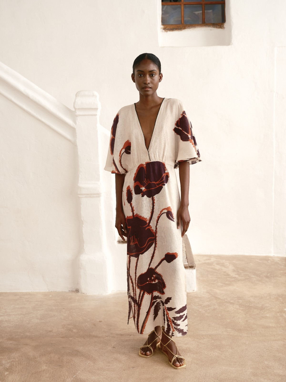 Juan de Dios | Topacio Linen Tunic Dress | Ecru/Purple Gladiolos