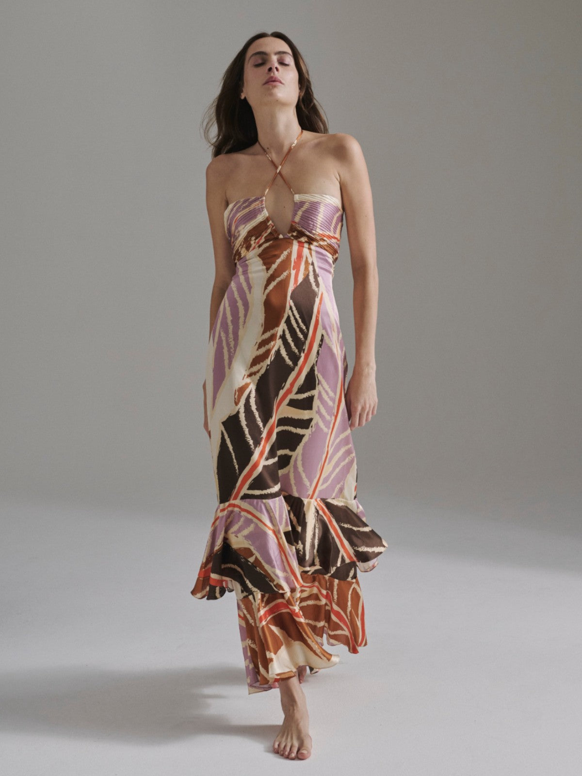 Sevillana Satin Silk Dress | Lilac Platanera Leaves Sevillana Satin Silk Dress | Lilac Platanera Leaves - Fashionkind