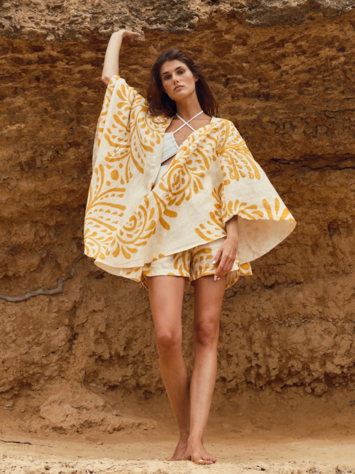 Cavalo Hand Embroidered Linen Poncho | Ecru Yellow Arabesque Cavalo Hand Embroidered Linen Poncho | Ecru Yellow Arabesque - Fashionkind
