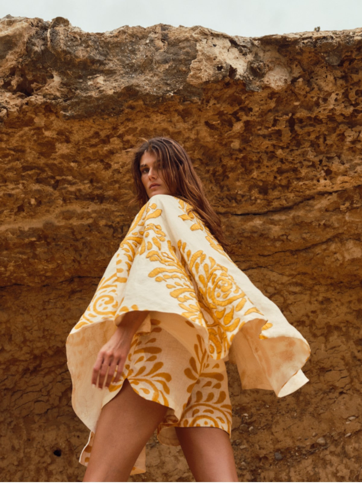 Cavalo Hand Embroidered Linen Poncho | Ecru Yellow Arabesque Cavalo Hand Embroidered Linen Poncho | Ecru Yellow Arabesque - Fashionkind