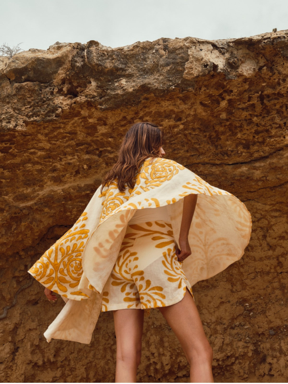 Cavalo Hand Embroidered Linen Poncho | Ecru Yellow Arabesque Cavalo Hand Embroidered Linen Poncho | Ecru Yellow Arabesque - Fashionkind