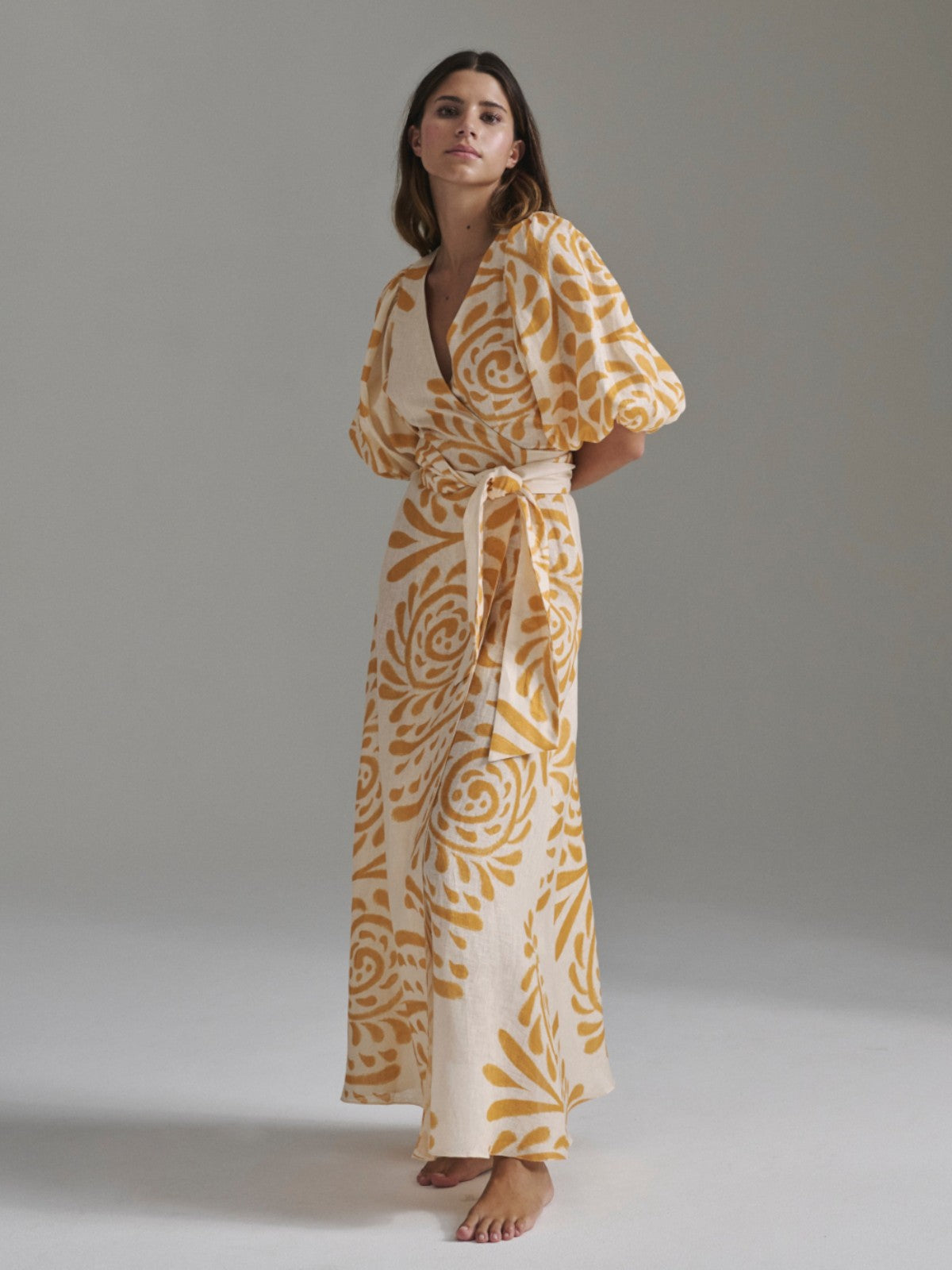 Ermita Linen Midi Dress | Ecru Yellow Arabesque Ermita Linen Midi Dress | Ecru Yellow Arabesque - Fashionkind