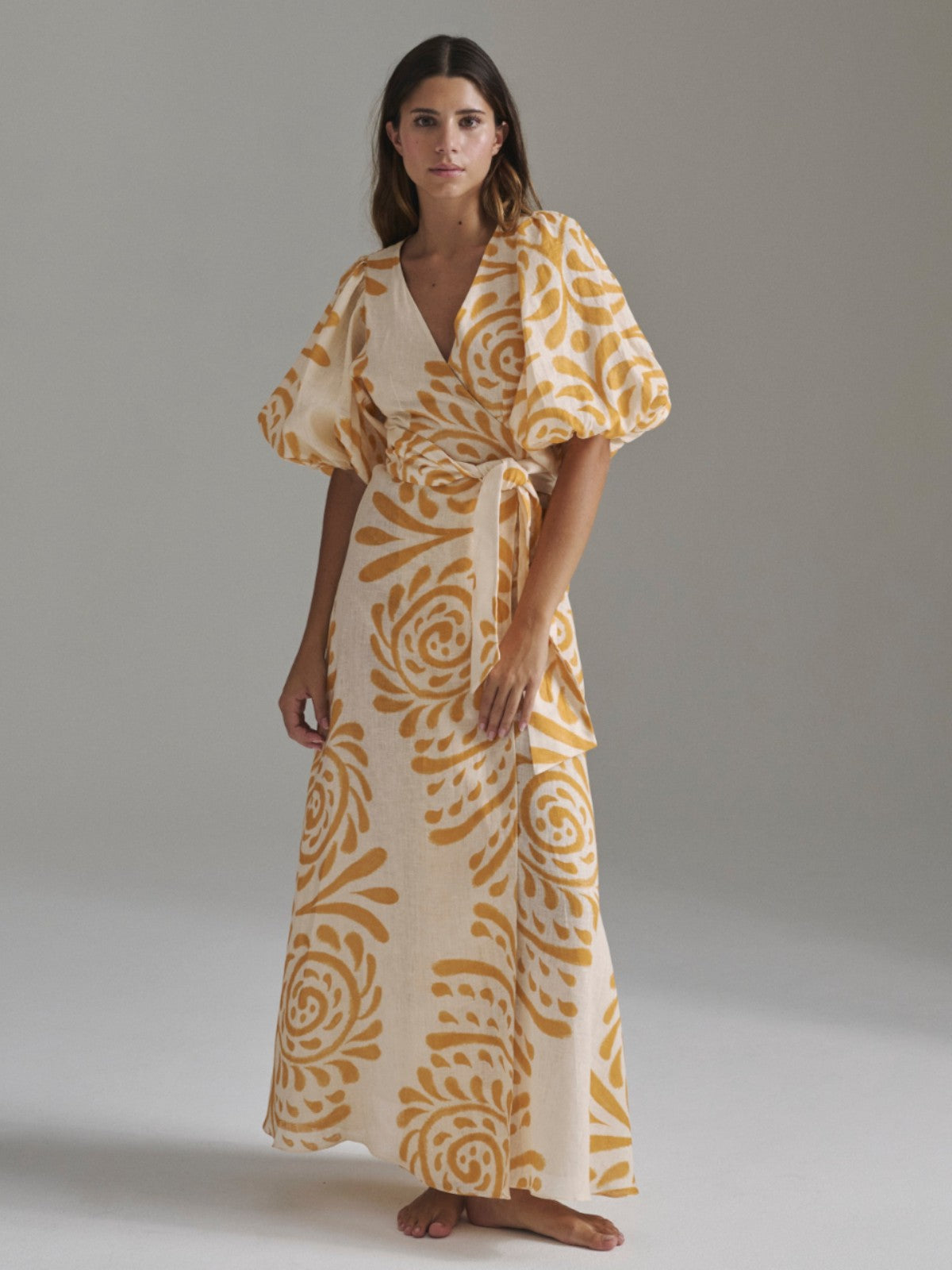 Juan de Dios | Ermita Linen Midi Dress | Ecru Yellow Arabesque | Fashionkind