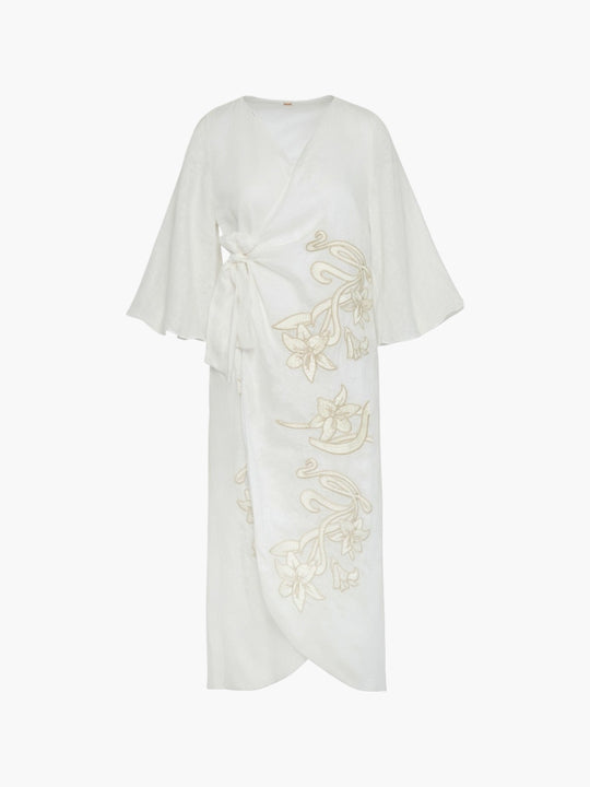 Frida Linen Embroidered Dress | White