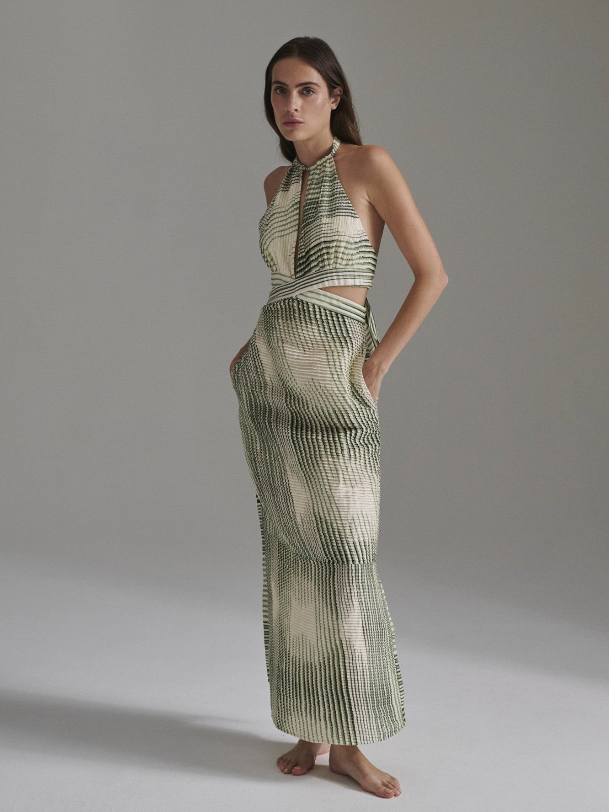 San Agustin Pleated Linen Midi Dress | Green Stripes San Agustin Pleated Linen Midi Dress | Green Stripes - Fashionkind