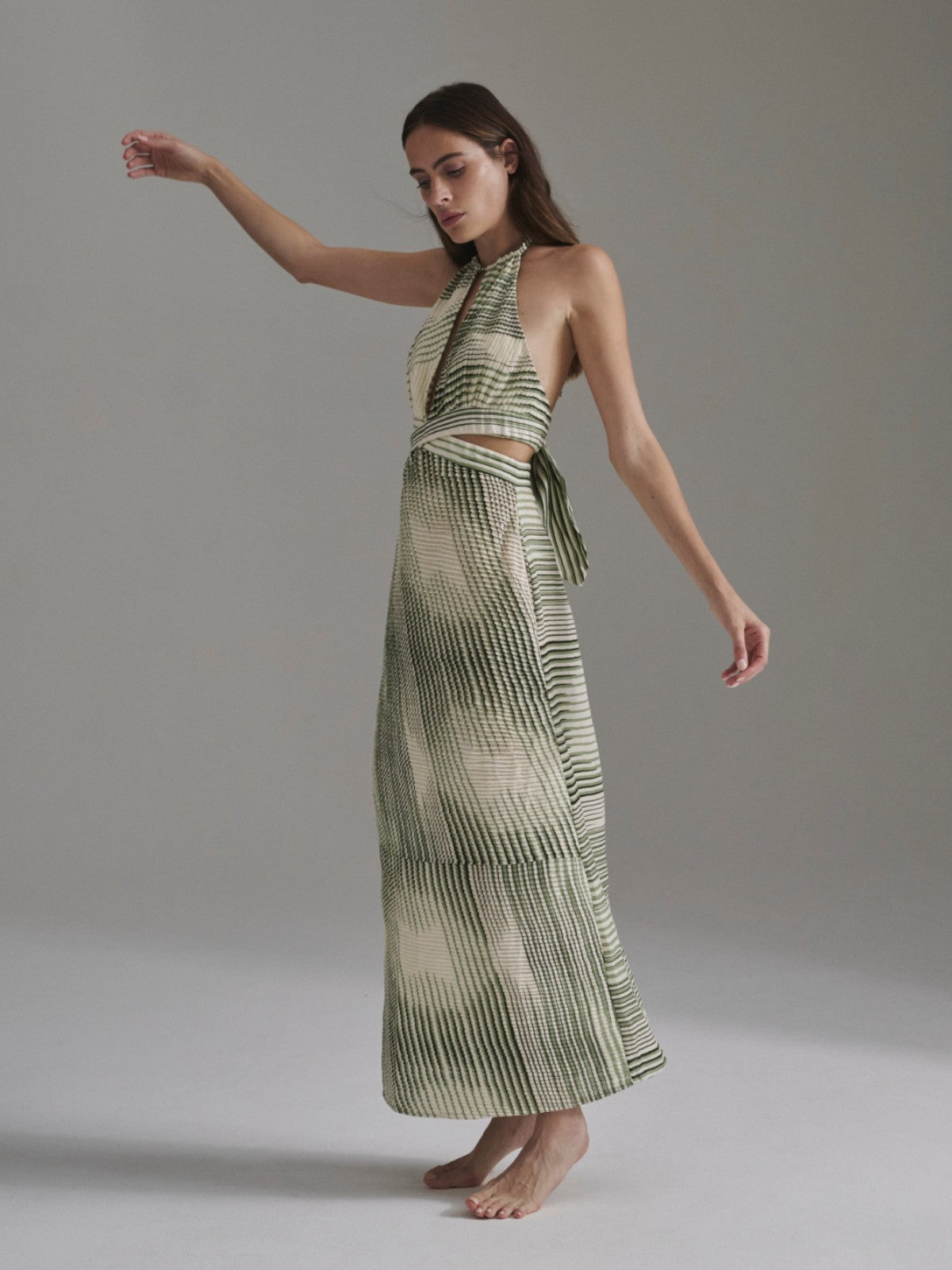 Juan de Dios | San Agustin Pleated Linen Midi Dress | Green Stripes | Fashionkind Juan de Dios | San Agustin Pleated Linen Midi Dress | Green Stripes | Fashionkind