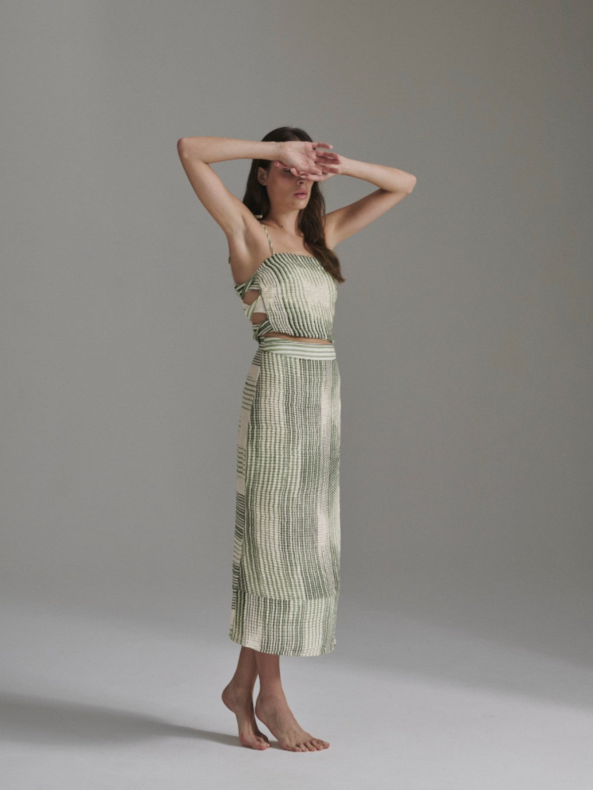 Beatrice Pleated Linen Midi Skirt | Green Stripes Beatrice Pleated Linen Midi Skirt | Green Stripes