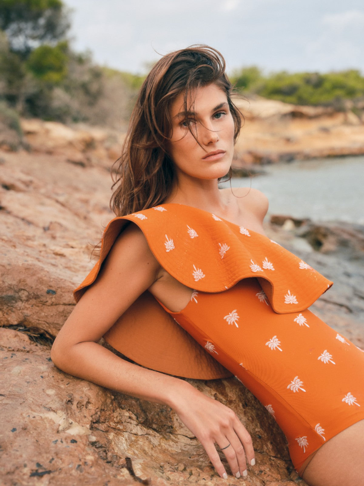 Tucan Embroidered One Piece | Orange Lilac Polka Palms Tucan Embroidered One Piece | Orange Lilac Polka Palms