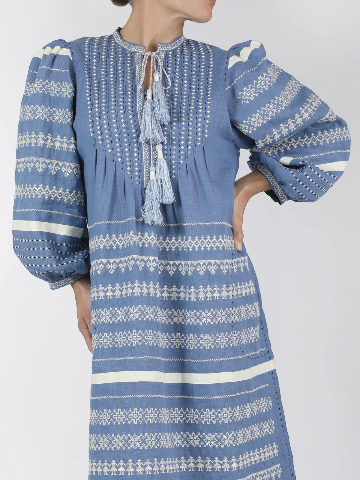 Kateryna Embroidered Ukrainian Dress | French Blue/White Kateryna Embroidered Ukrainian Dress | French Blue/White