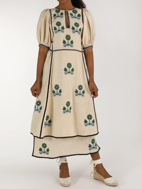 Lillie Ukrainian Embroidered Dress | Ivory/Green